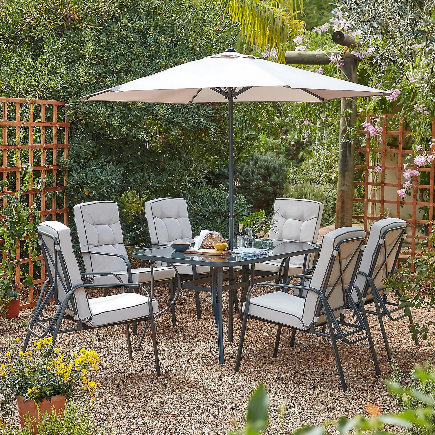 Rowly 6 Seater Garden Dining Set With Parasol 1 Rowly 6 Seater Garden Dining Set With Parasol