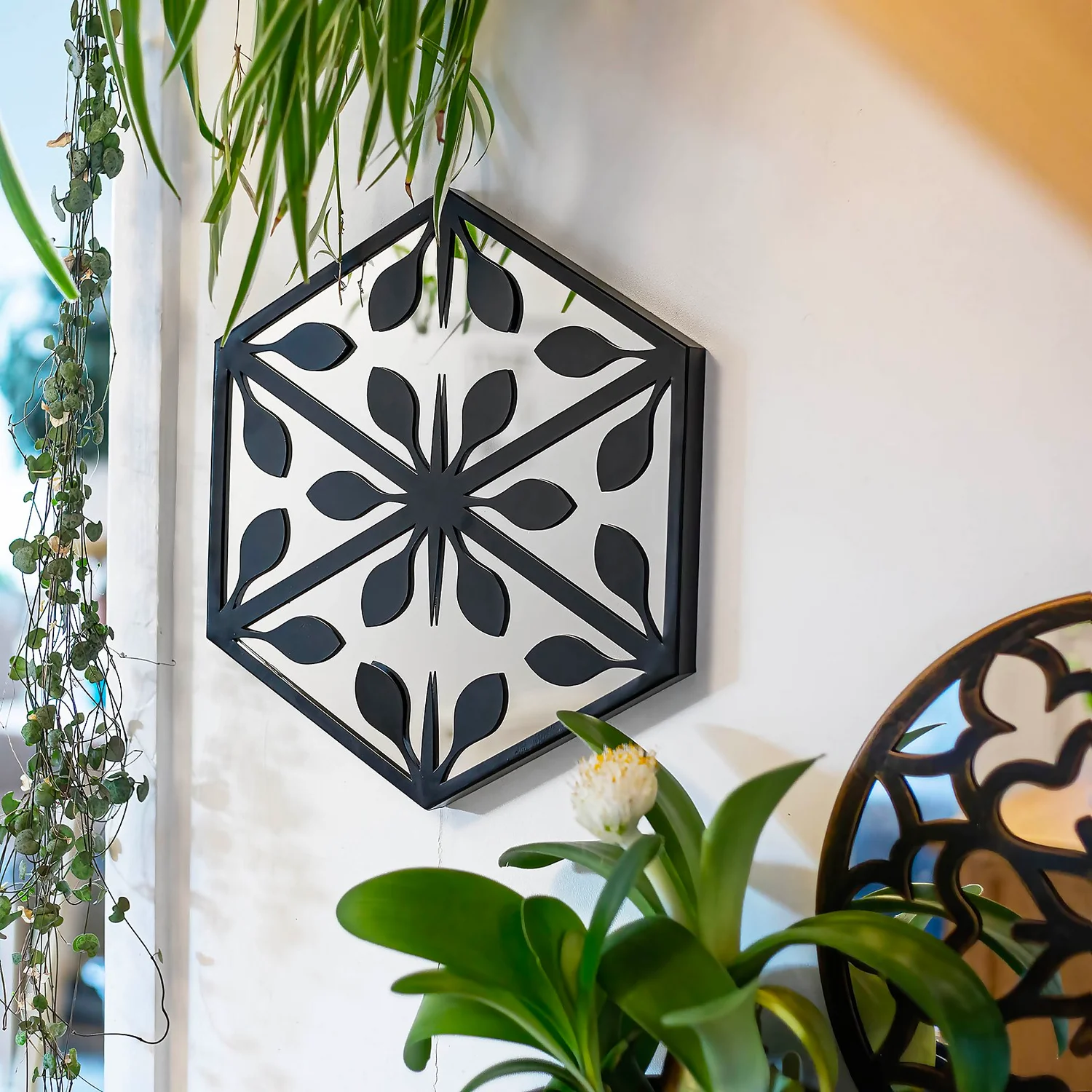 Hexagonal Laser Cut Outdoor Mirror 35cm - Black 2 Hexagonal Laser Cut Outdoor Mirror 35cm - Black - Image 2