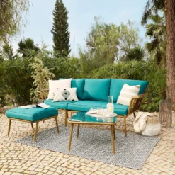 Omari Metal Garden Corner Sofa Set - Teal & Gold