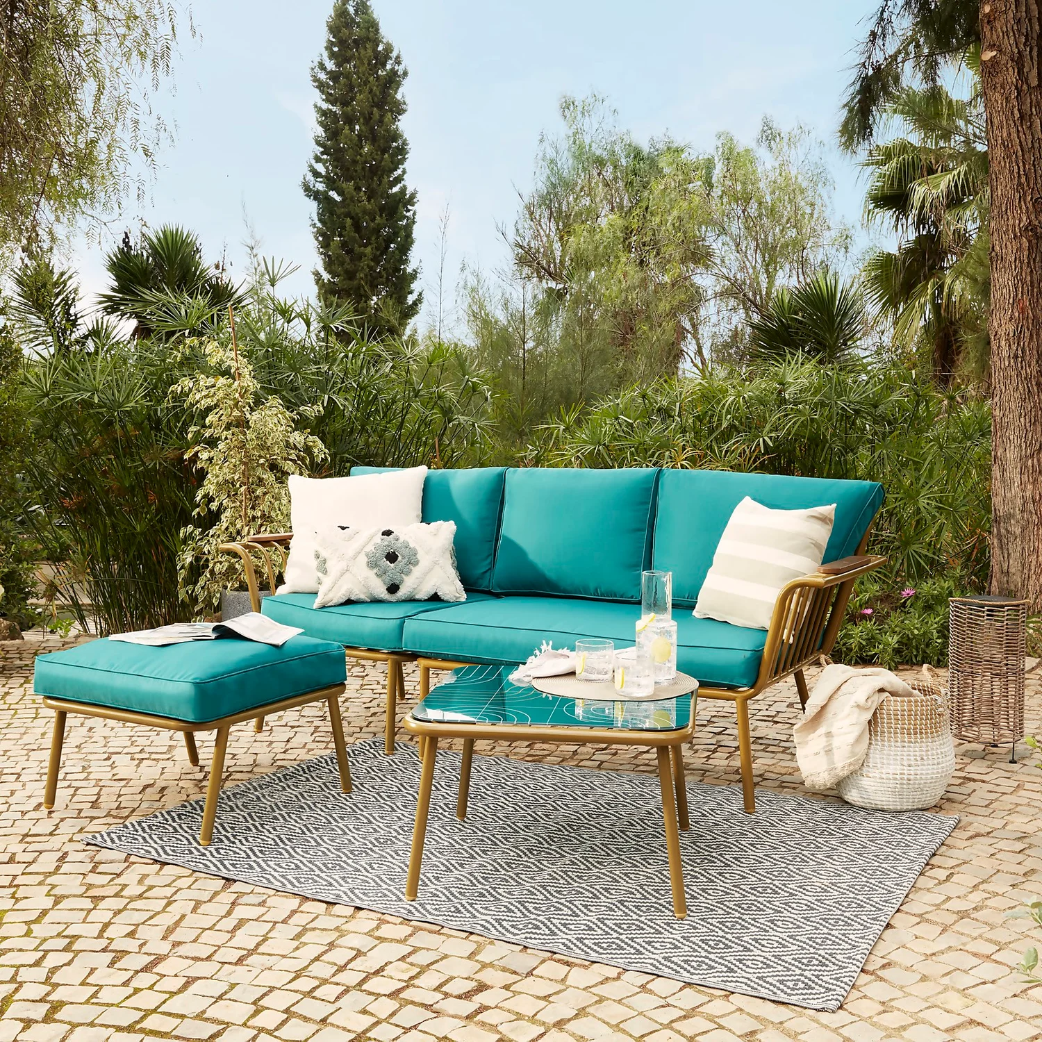 Omari Metal Garden Corner Sofa Set - Teal & Gold 1 Omari Metal Garden Corner Sofa Set - Teal & Gold